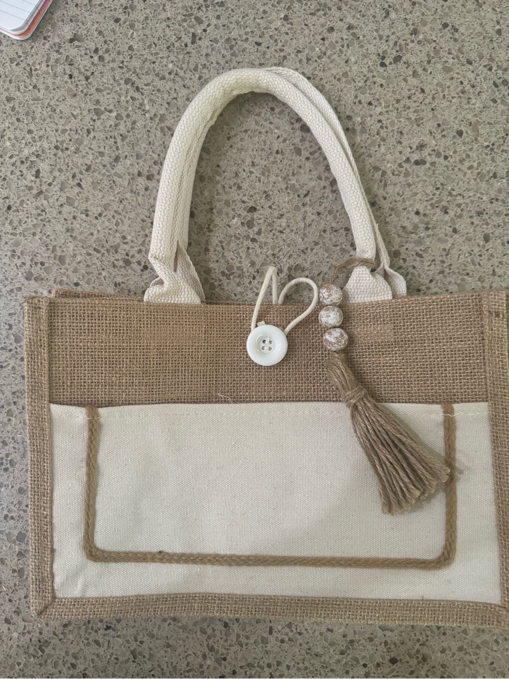 Neutral Two-Tone Jute & Canvas Tote Bag with Tassel. Summer bag
